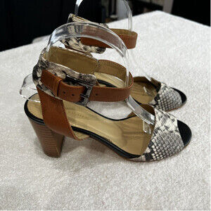 MARC Fisher Womens Genette Tan And Black Snakeskin Leather Ankle Strap Sandal 7
